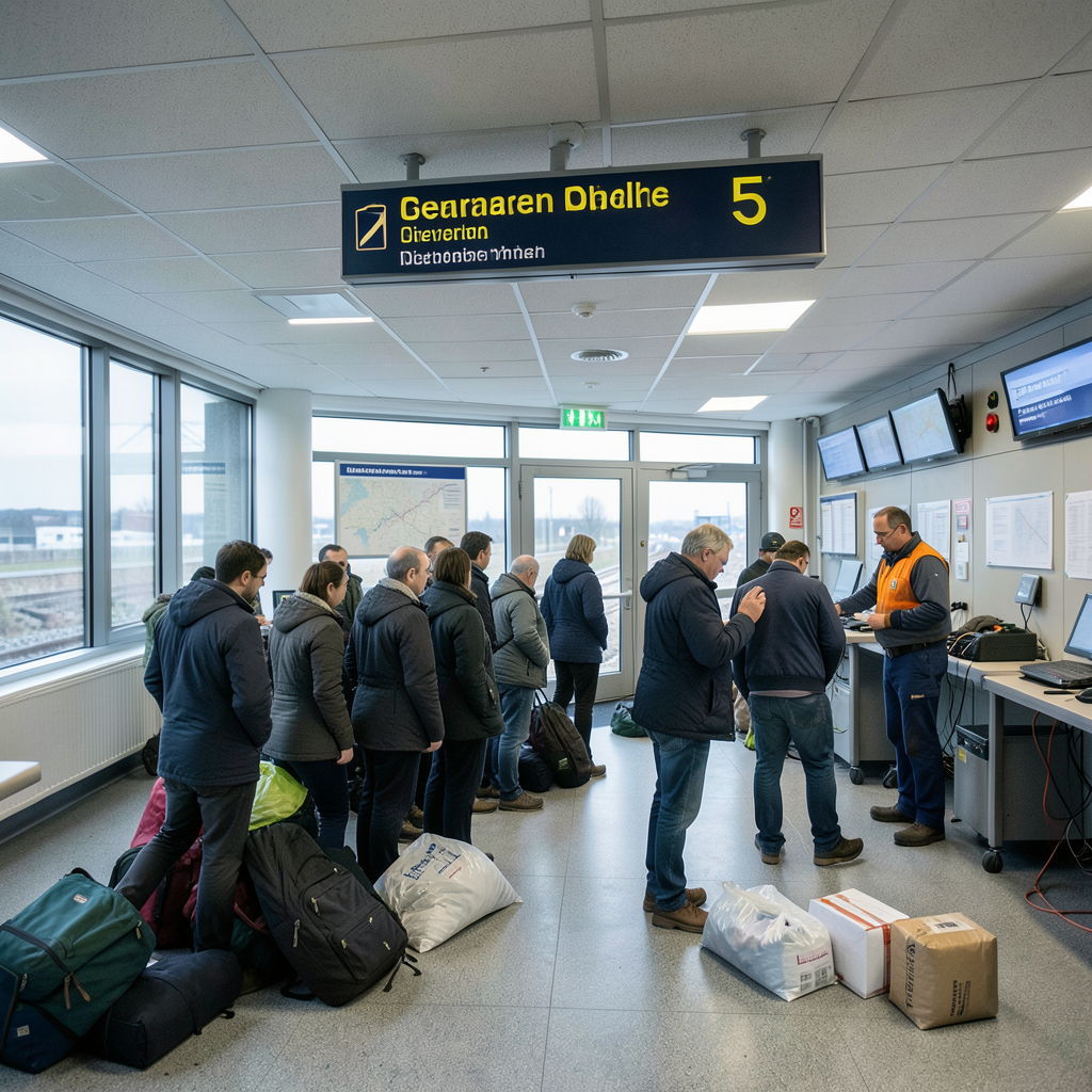 Stranded passengers under a German rail departure board while technicians work in a signal room