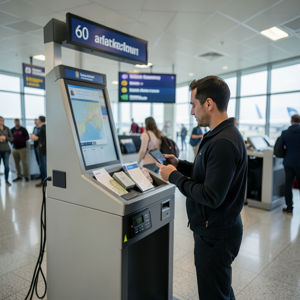 Airport security lane with a traveler holding a phone wallet at a face-comparison kiosk
