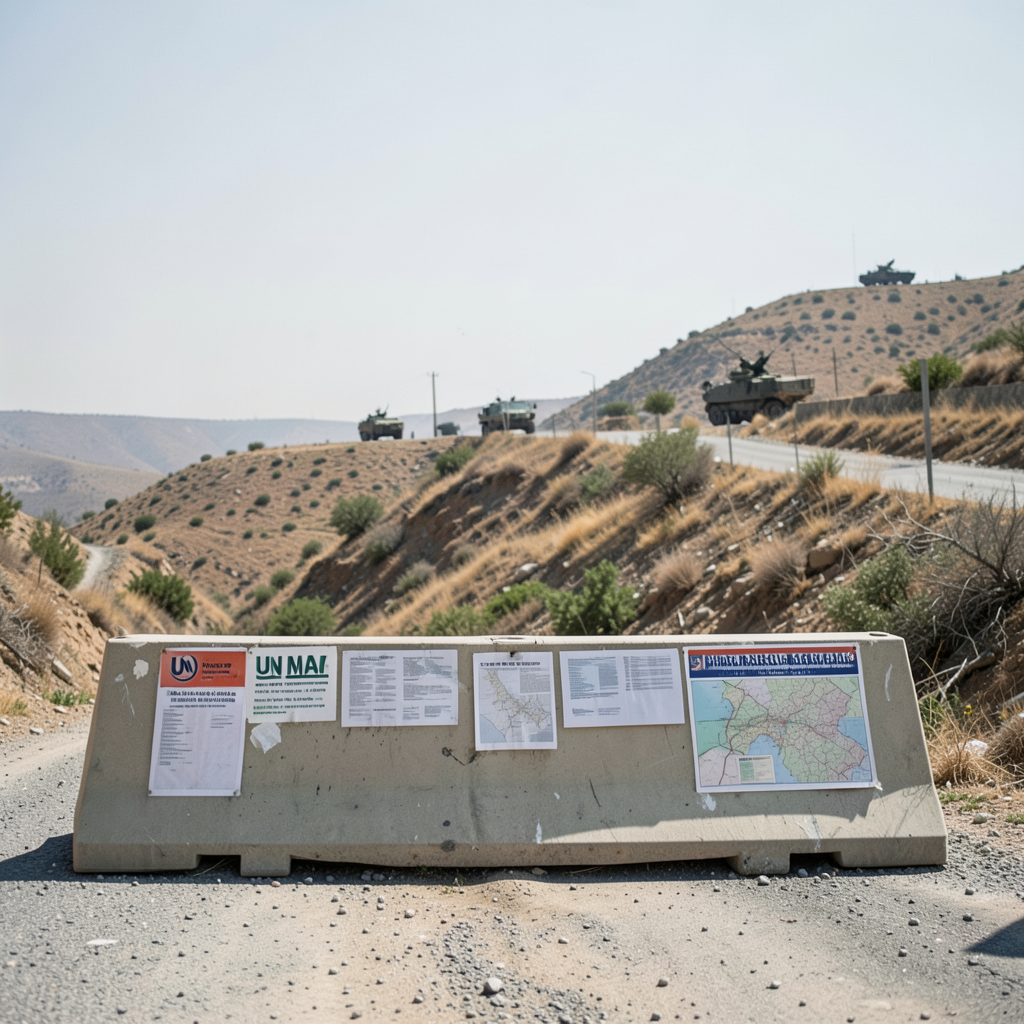 UN-marked roadblock overlooking a southern Lebanon hillside with military vehicles in the distance