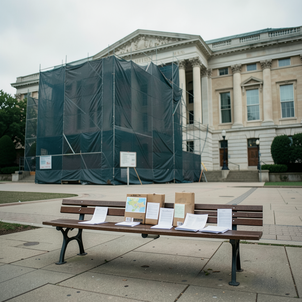 Kennedy Center facade partly covered by construction tarp as court papers sit on a nearby bench