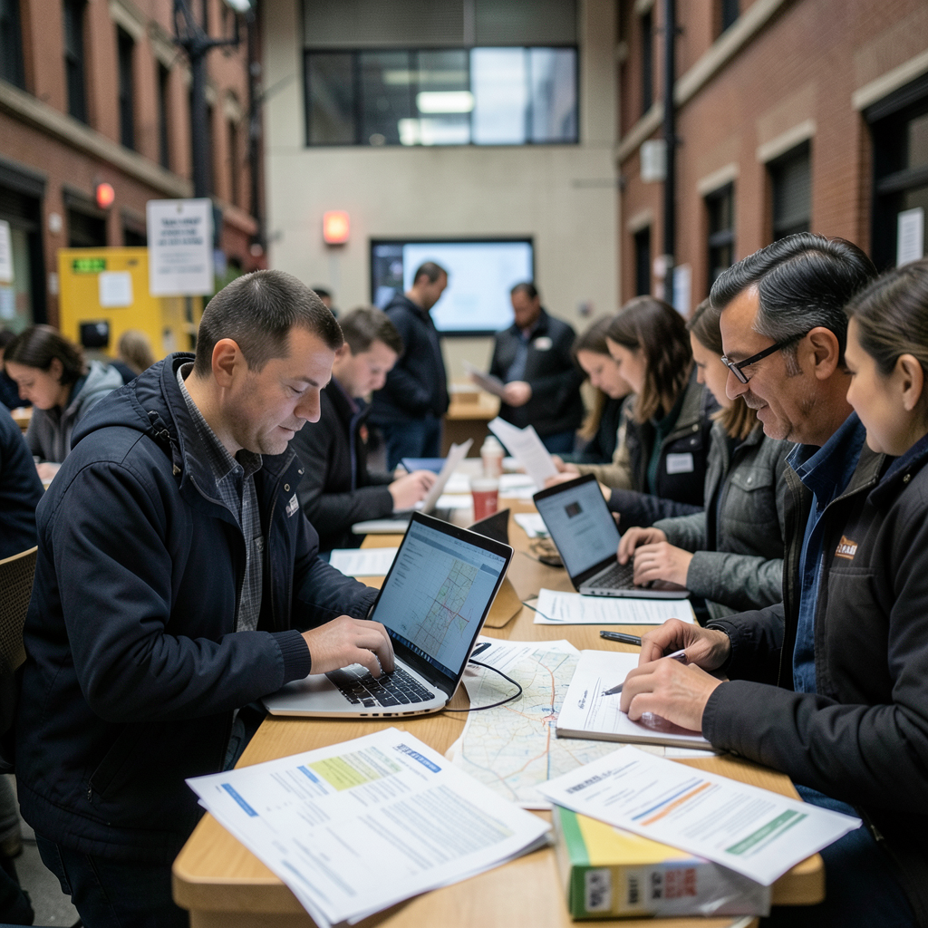 New York campaign volunteers checking primary-night district maps on laptops