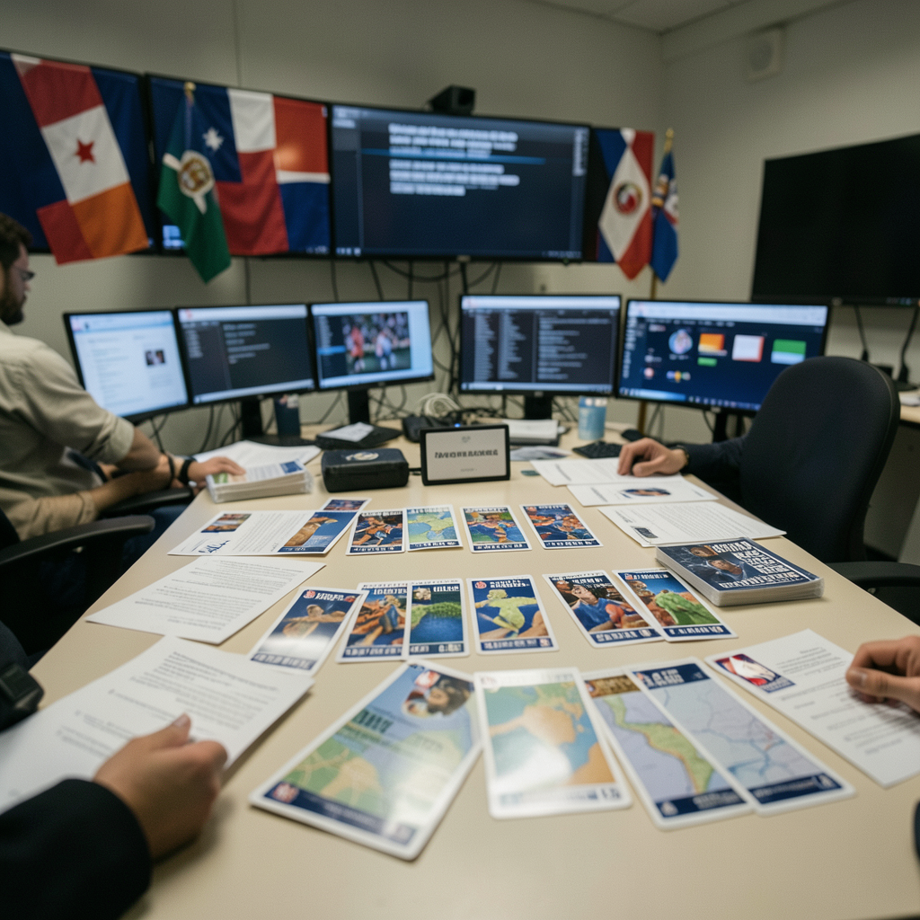 NBA draft operations table with second-round trade cards, international flags, and broadcast monitors