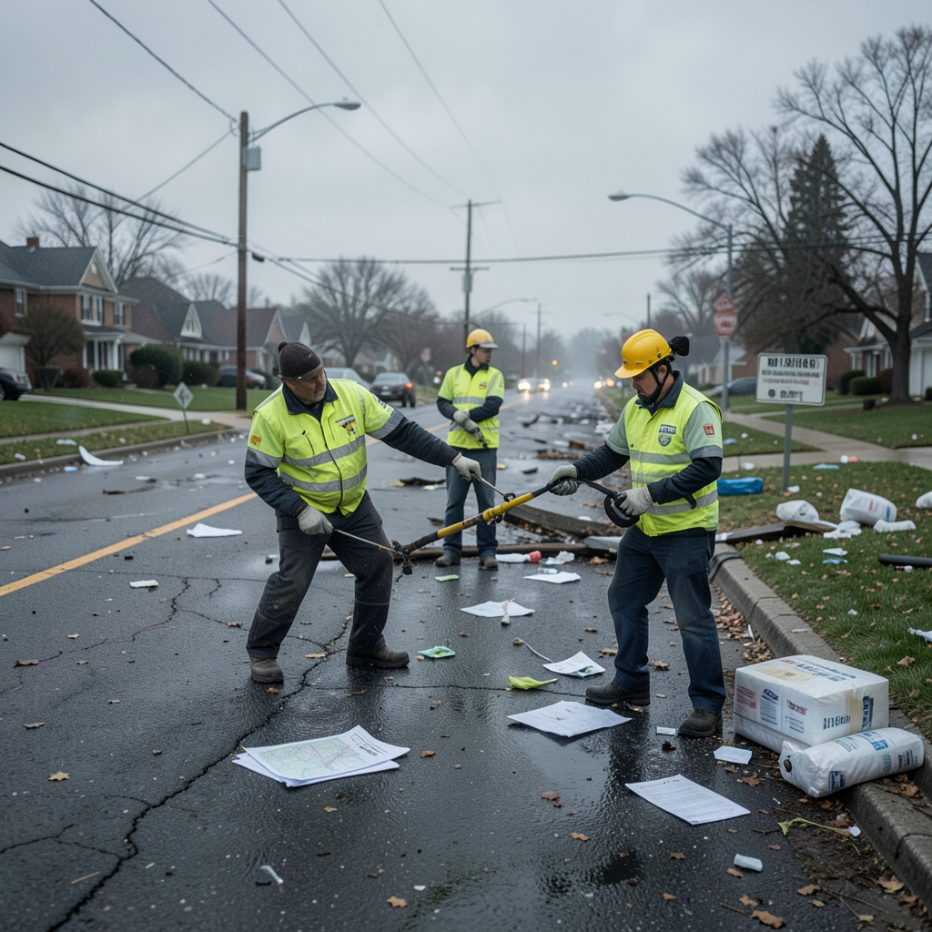 Weather survey team measuring storm damage along a suburban Illinois street after high winds