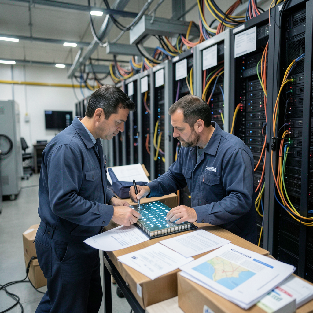 Engineers inspecting AI inference wafers beside server racks and power cables