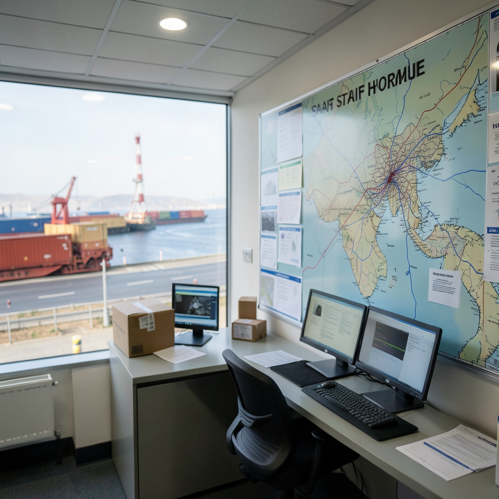 Tanker traffic passing a Strait of Hormuz control room with shipping lanes on a wall map