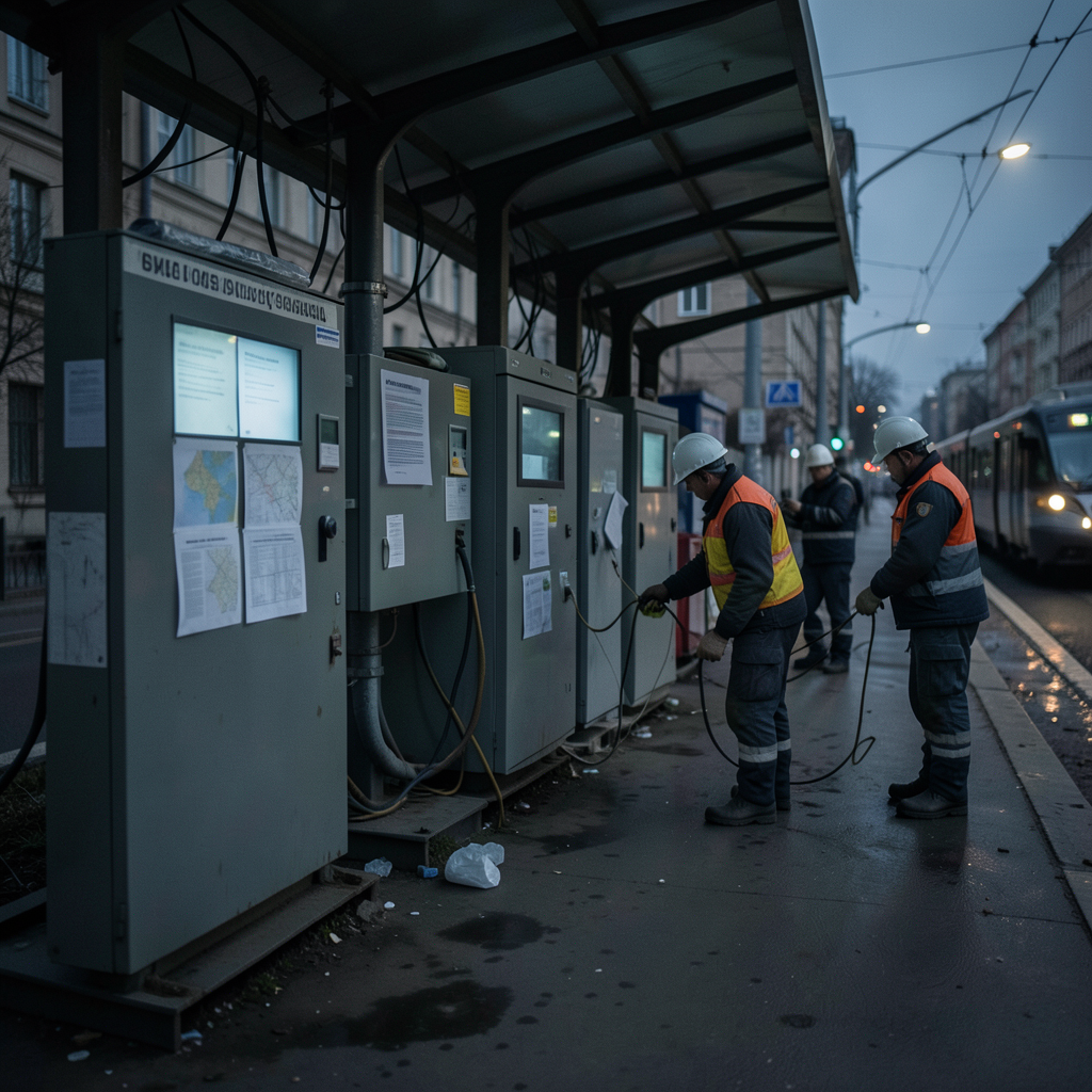 Darkened city tram stop in Sevastopol with utility crews inspecting power equipment