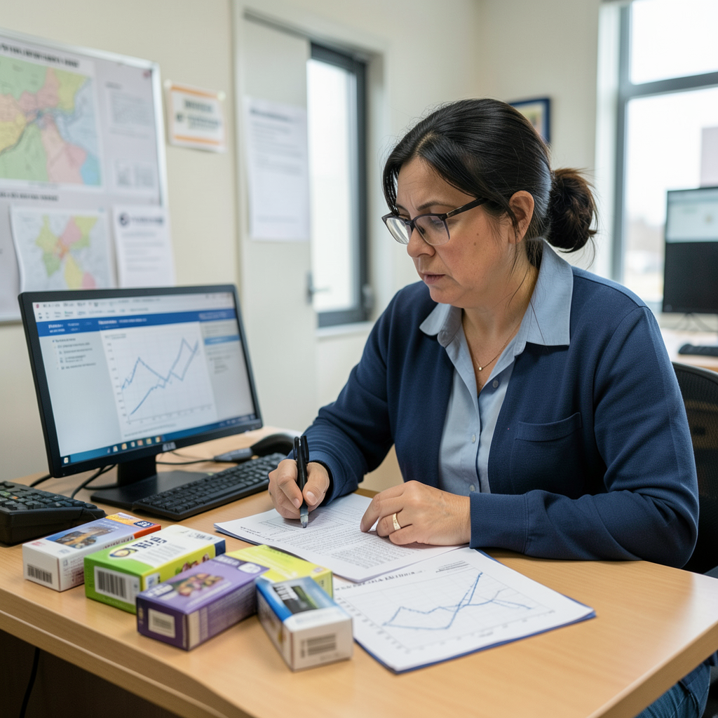 Public-health analyst reviewing youth tobacco survey charts beside confiscated flavored vape products
