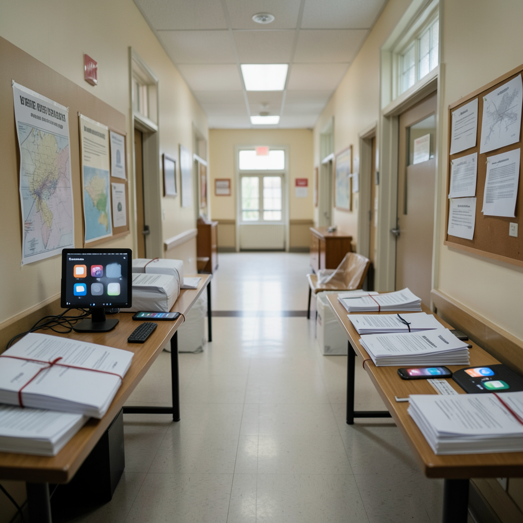 Courthouse hallway with sealed settlement folders and social media app icons blurred on phones