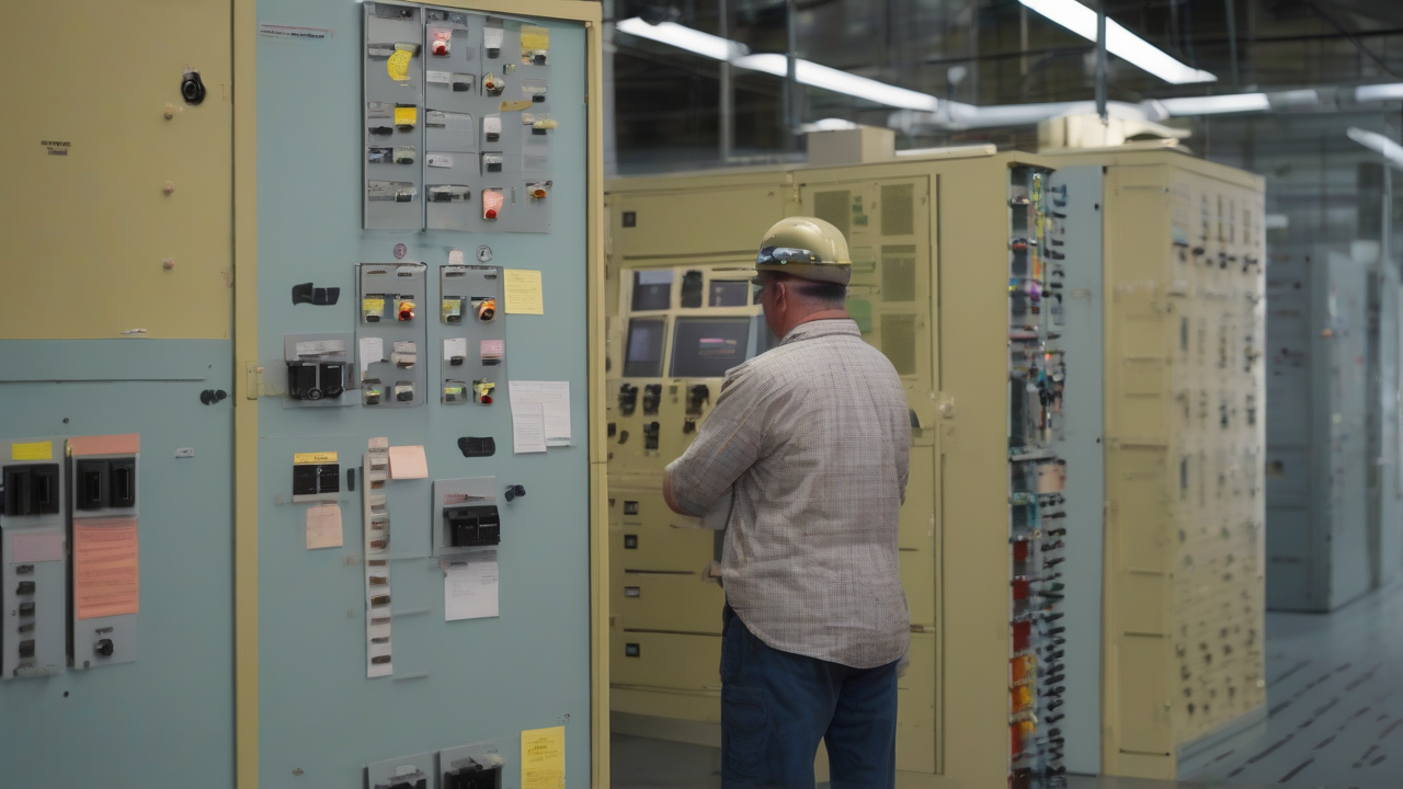 Utility planners study interconnection folders and a substation map in a control room.