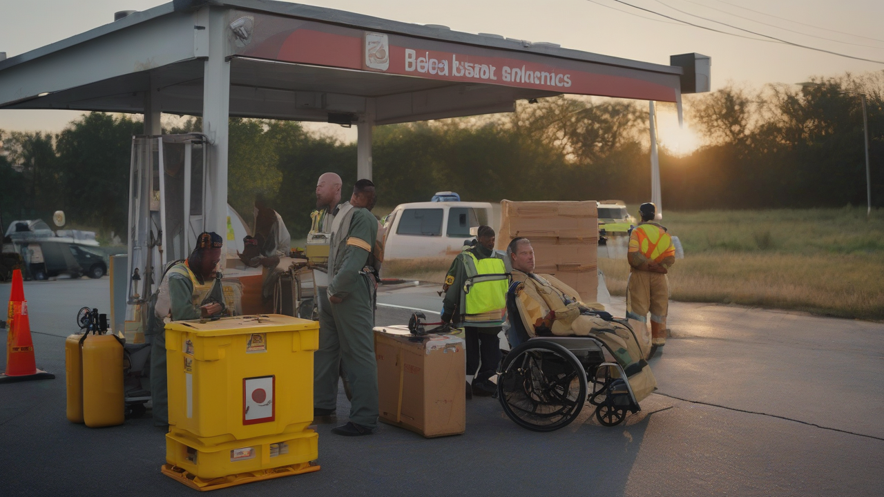 Paramedics check a wheelchair patient beside stacked aid pallets at a guarded crossing.
