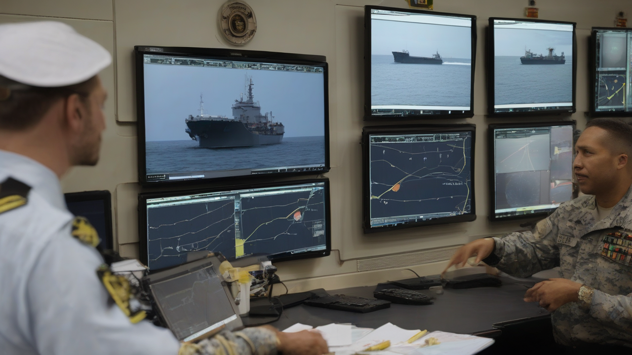 A maritime operations room with radar screens and a whiteboard of daily evacuation totals.