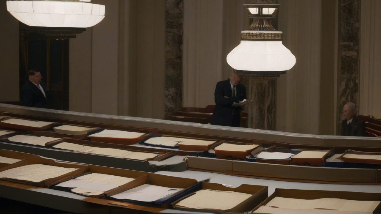 A Senate clerk's desk stacked with tally sheets and a printed war powers resolution.