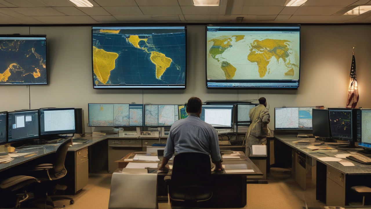 Energy analysts review tanker-tracking screens and a Strait of Hormuz chart.