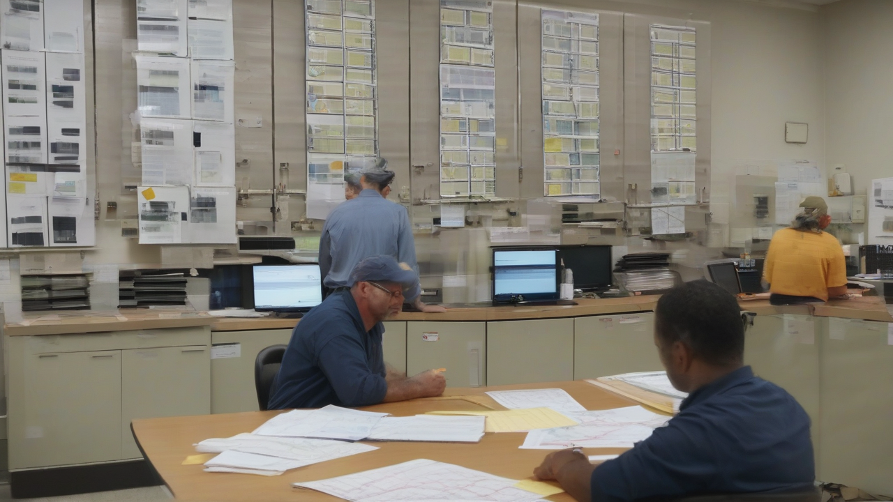 ERCOT planners sort interconnection-request folders at a Texas transmission map.