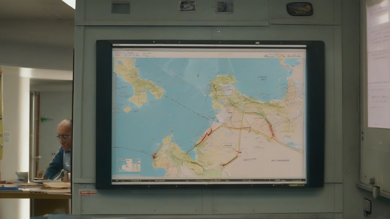 A marine war-risk underwriting room with hull slips and a Gulf chart.
