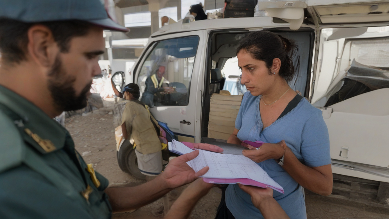 A WHO logistics officer checks patient referral forms at a Gaza crossing.
