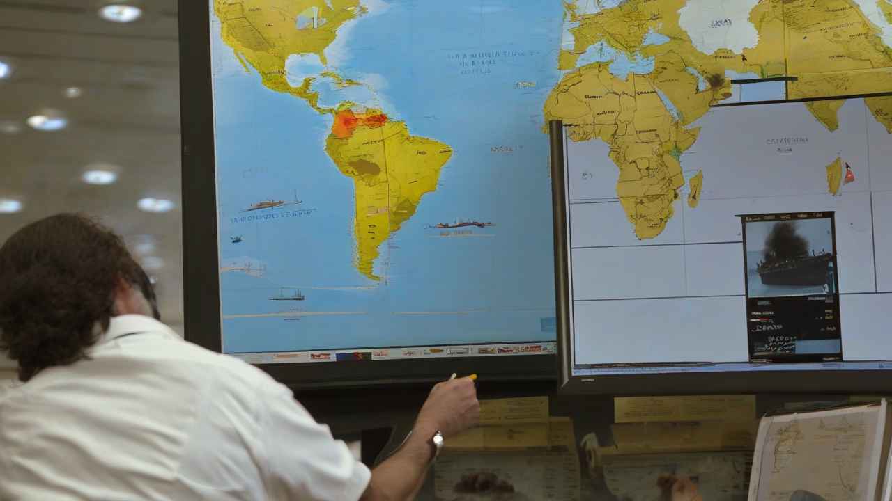 A marine war-risk underwriter marks a hull slip beside a Gulf tanker-tracking screen.