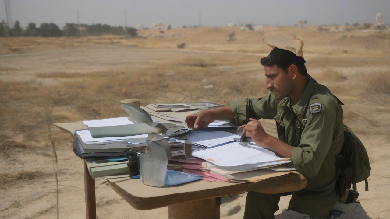 A UN field officer logs displacement entries on a clipboard beside a Gaza map.