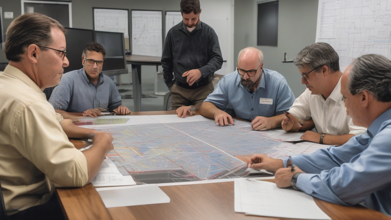 Engineers study a large-load one-line diagram against transmission maps at a conference table.