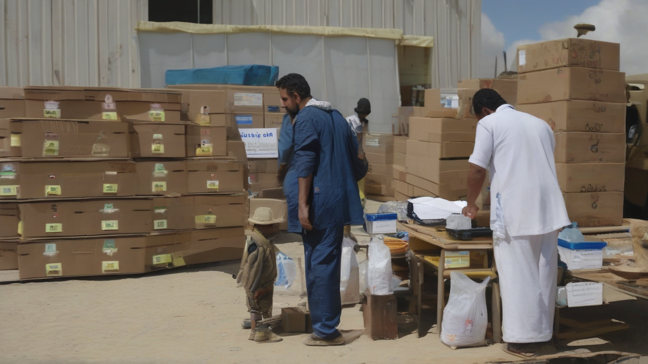 A UN aid worker logs clinic-status entries on a clipboard beside stacked medical supplies.