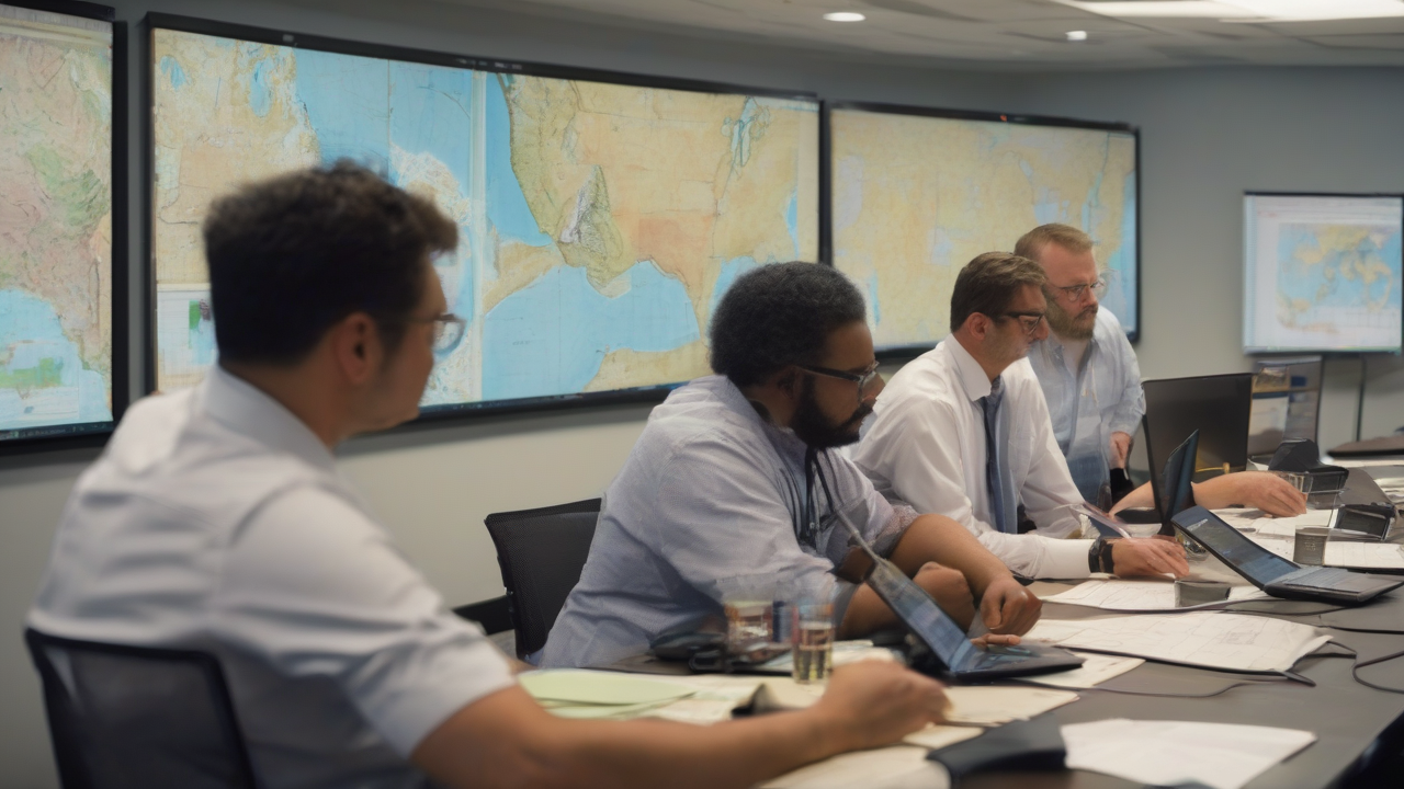 Grid engineers prepare conference materials beside a transmission model.