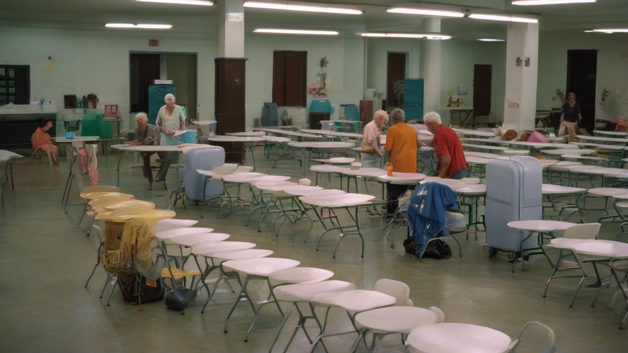 Volunteers staff a cooling center as residents rest with water and fans.