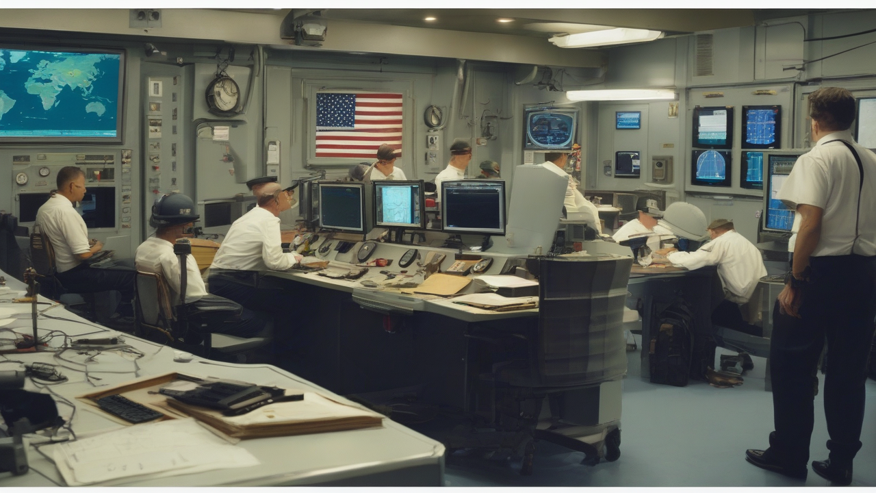 Tankers wait offshore as port officials monitor a maritime control room.