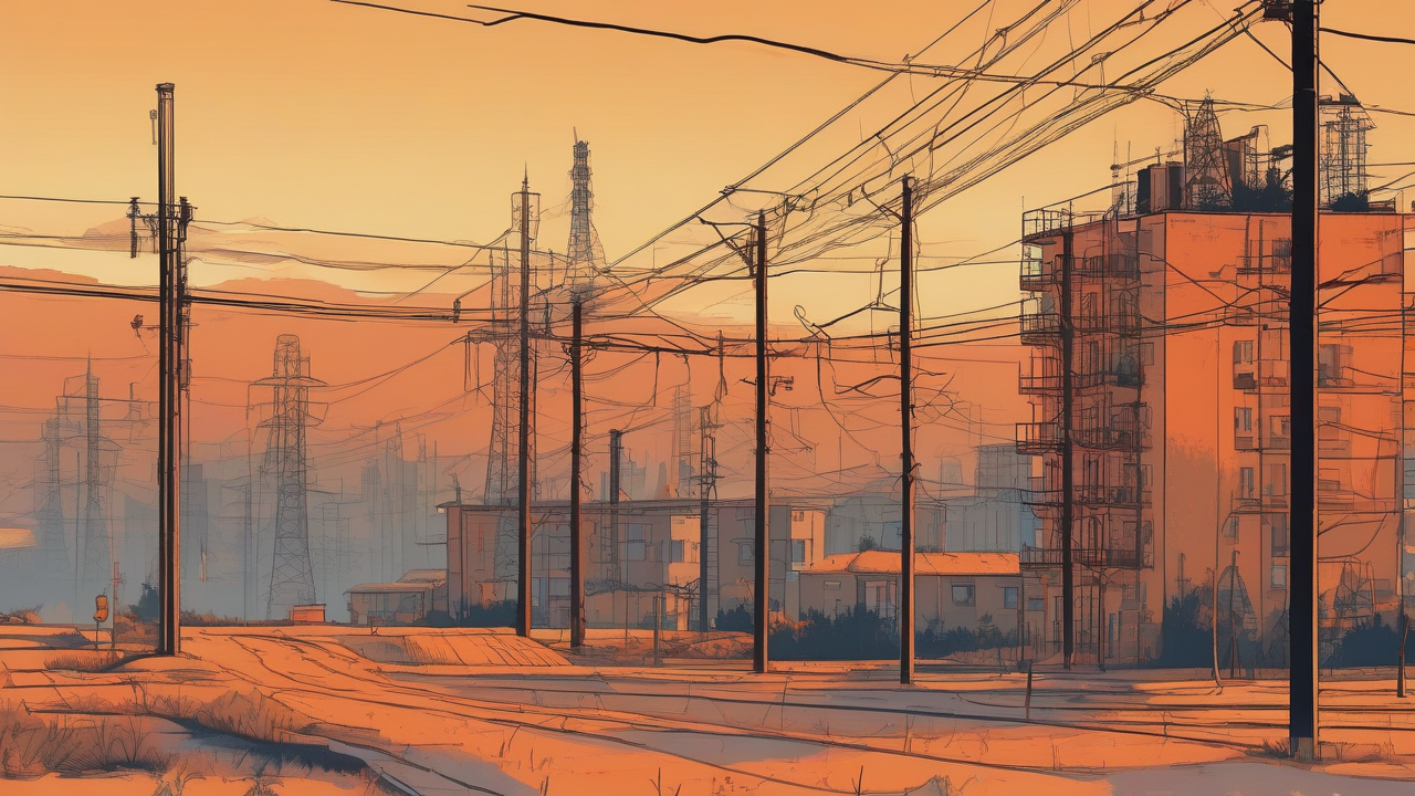 A substation technician checks transformers under a hazy sky during a heatwave.