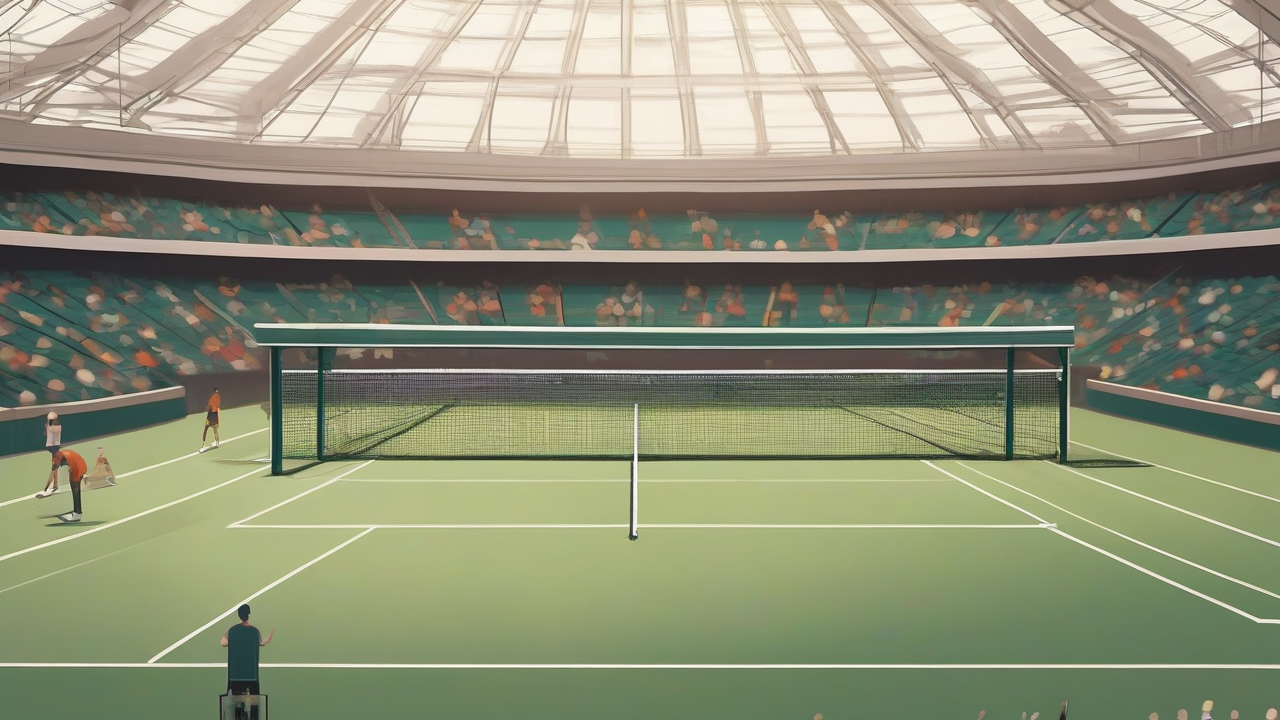 A tennis player sits on the Centre Court bench under the closed roof as the crowd stands.