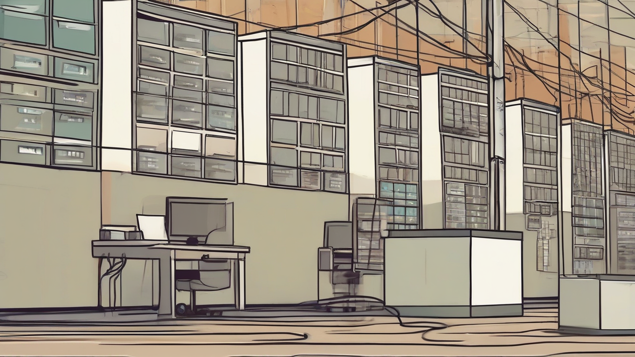A server farm plugs into a wall calendar and power lines feeding a crowded grid map.