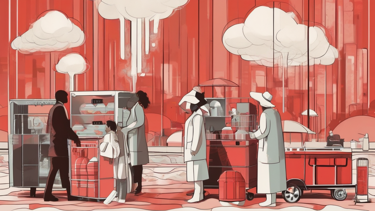 A faceless family packs medicine and water into a cooler beneath a red heat dome.