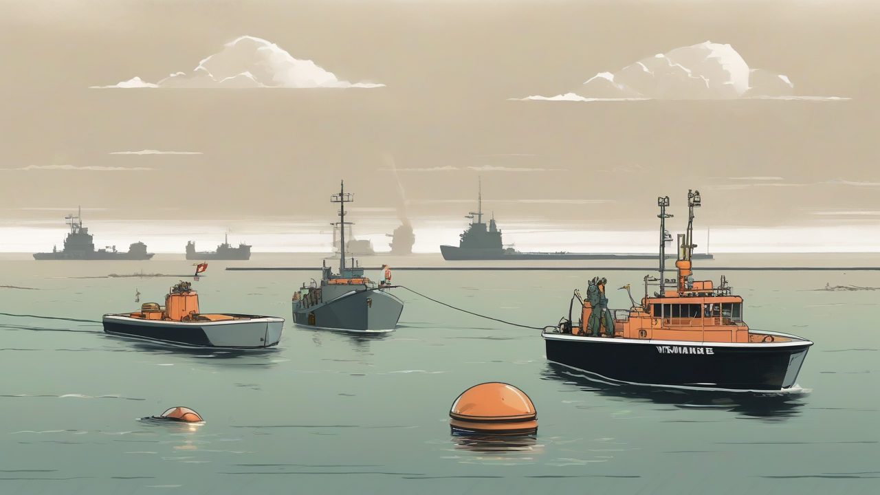Two small demining boats approach a narrow strait from opposite sides while tankers wait beyond buoys.
