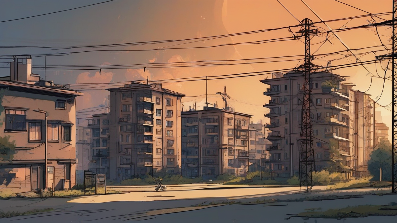 A dark Kyiv apartment block sits under heat shimmer as power lines glow and distant air-defense lights cross the sky.