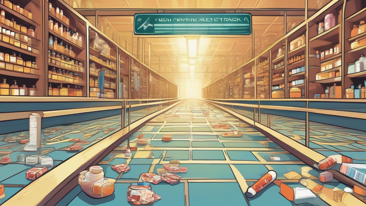 A prescription vial crosses a small bridge over insurance cards and pharmacy counters.