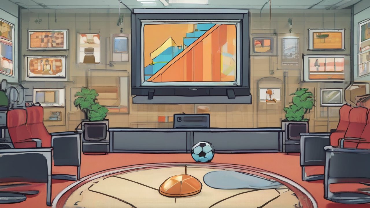A soccer ball sits on an auction block surrounded by blank television screens and contract ribbons.