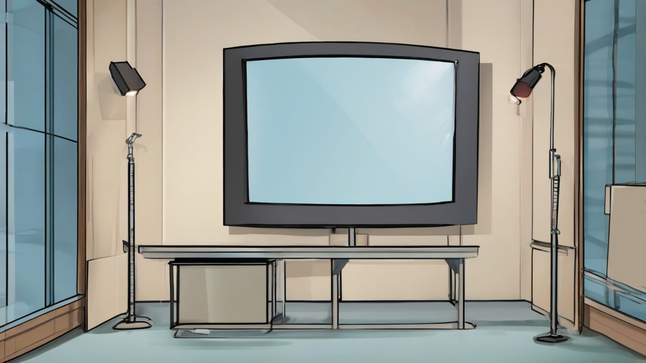 A blank advertising screen sits inside a television studio while a merger folder waits behind glass.