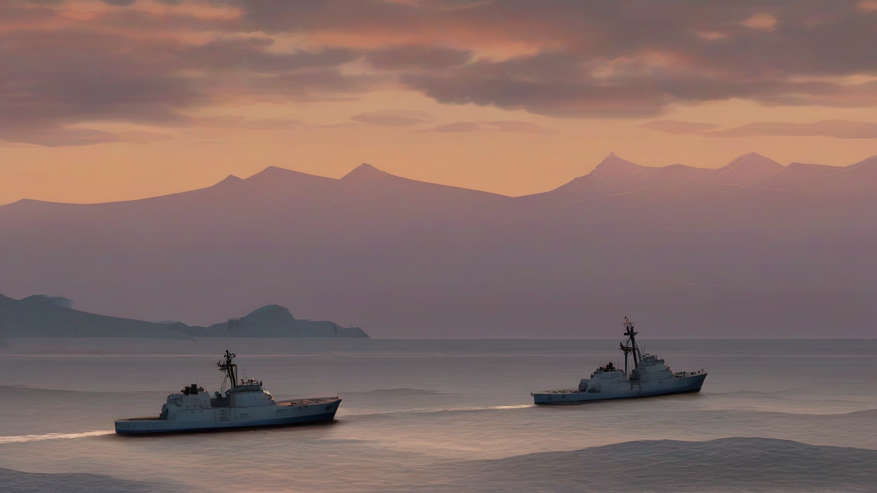 Two coast guard cutters passing each other on open ocean at dawn, one heading toward a distant island coastline and one departing, wakes crossing