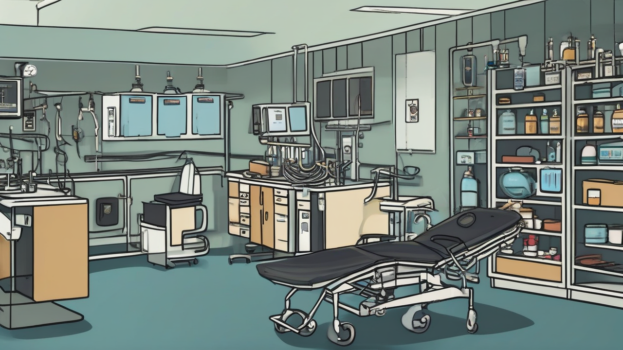 A hospital dialysis ward with half its machines dark and unplugged, a few beds occupied and the rest empty, medicine shelves visibly bare