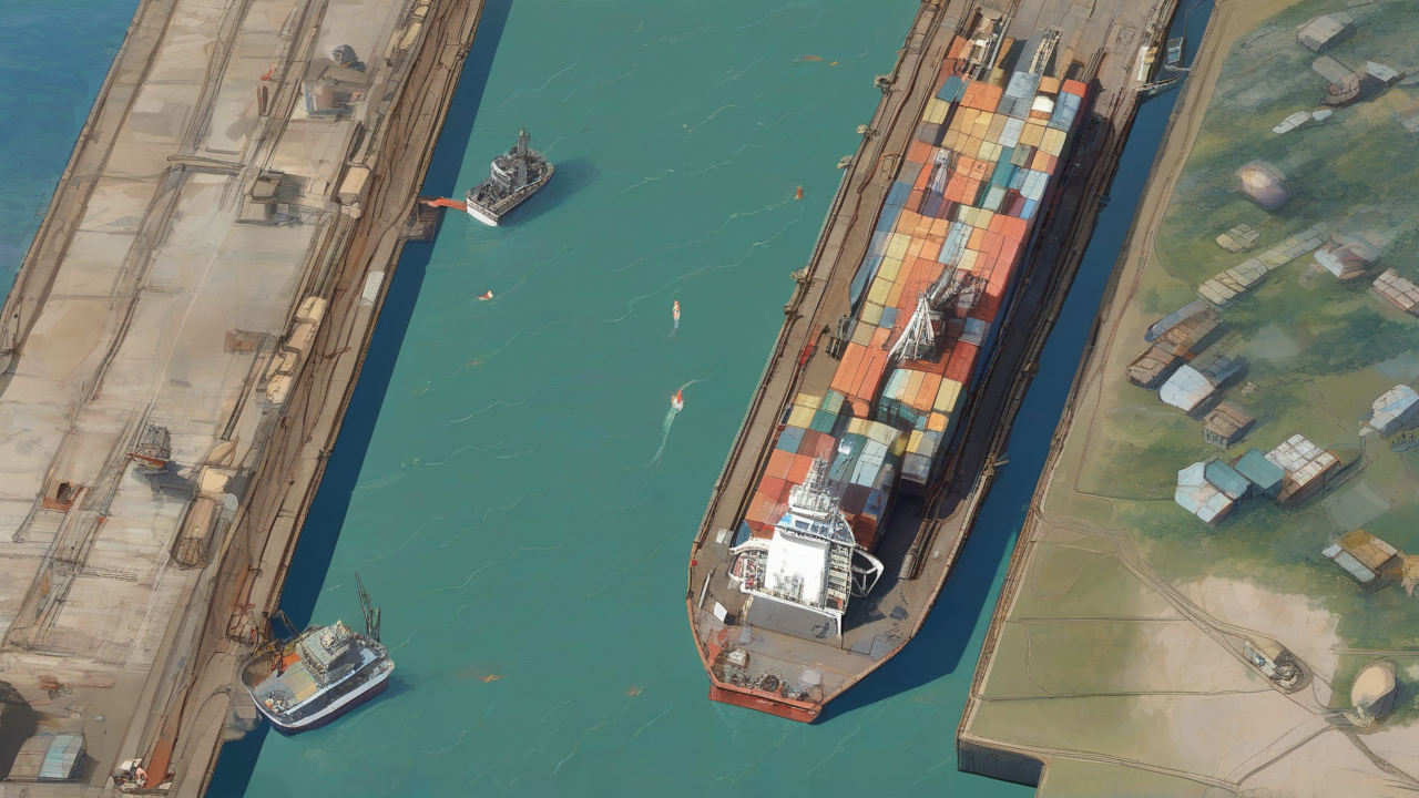 An aerial view of a near-empty shipping channel with two or three tankers anchored far back from a channel marker, wide open water in the strait, and a wall calendar in the foreground losing torn pages