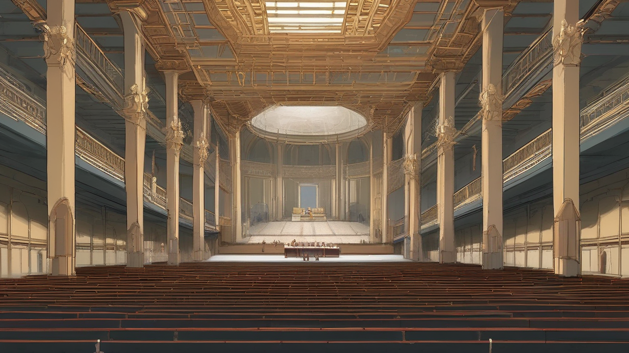 A vast ceremonial hall seen from above, rows of mourners filling every surface, with a single raised chair on a front platform standing conspicuously empty