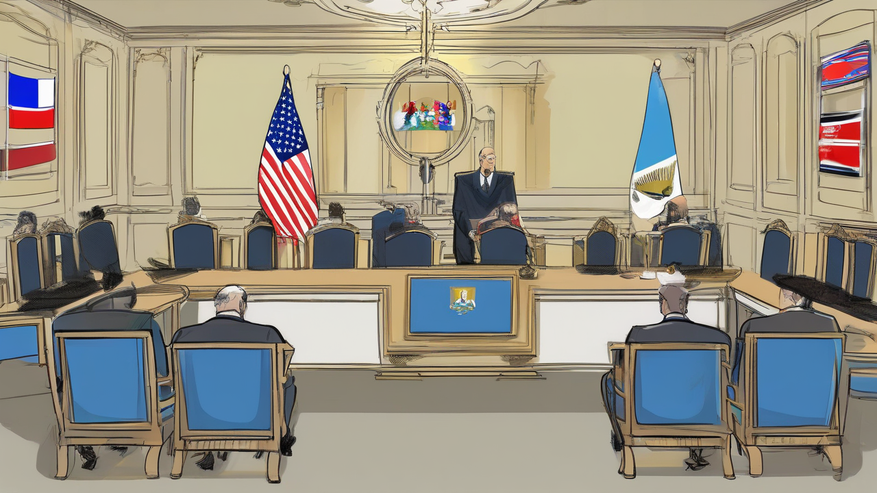 A long oval summit table ringed with national flags, one seat bearing a blue-and-yellow sash but no occupant while silhouetted diplomats confer in the other chairs
