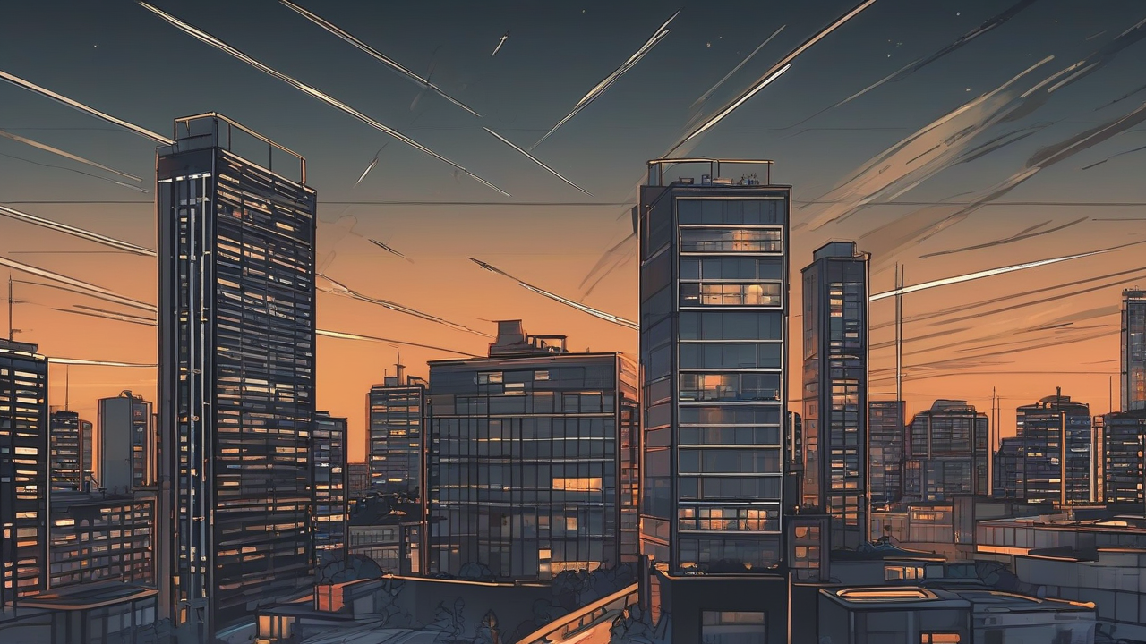 Night cityscape of apartment towers, some windows lit and some dark, with missile trails arcing unchallenged across the sky toward the buildings and a faint conference table outlined on the horizon