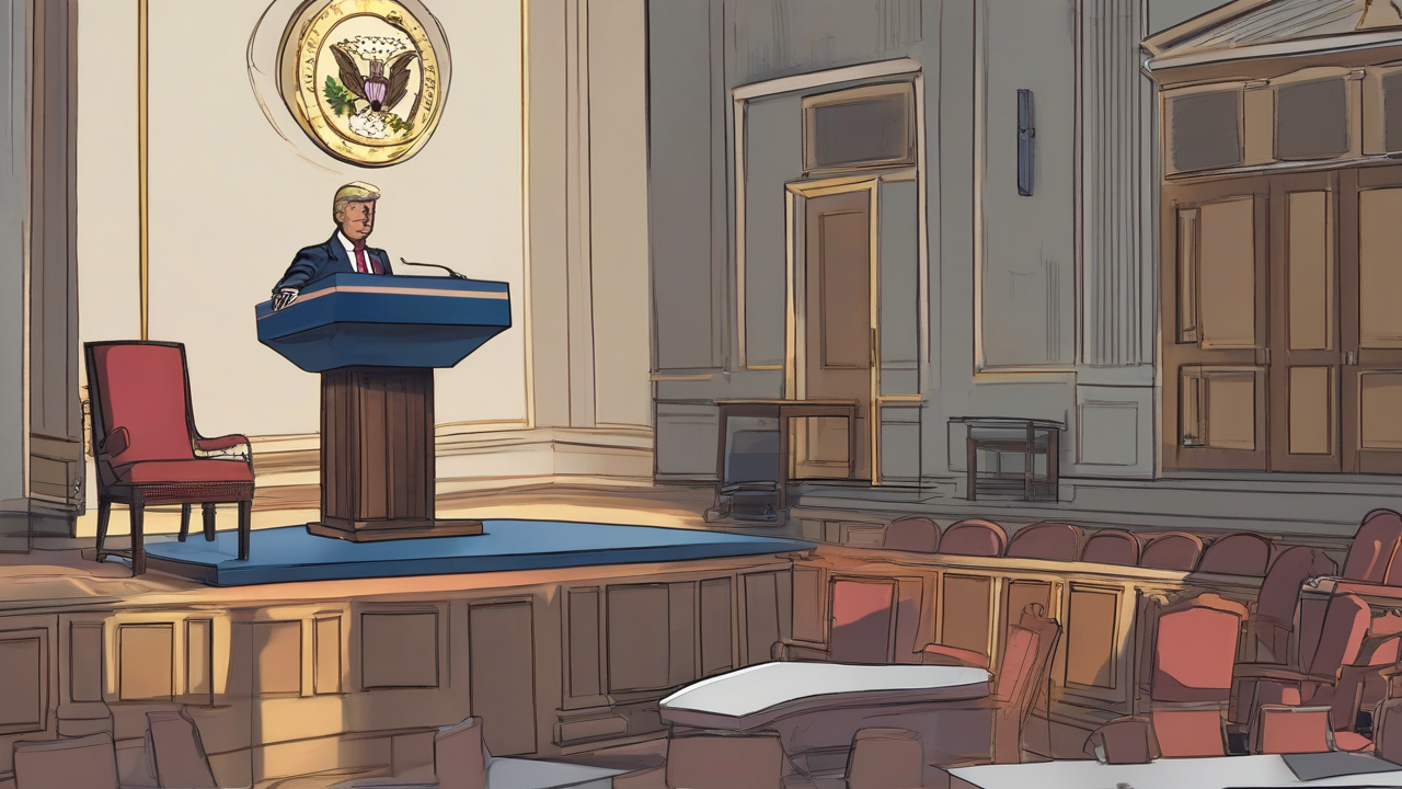 A presidential podium lit brightly in the foreground with a bare negotiating table in shadow behind it, chairs pushed in and untouched