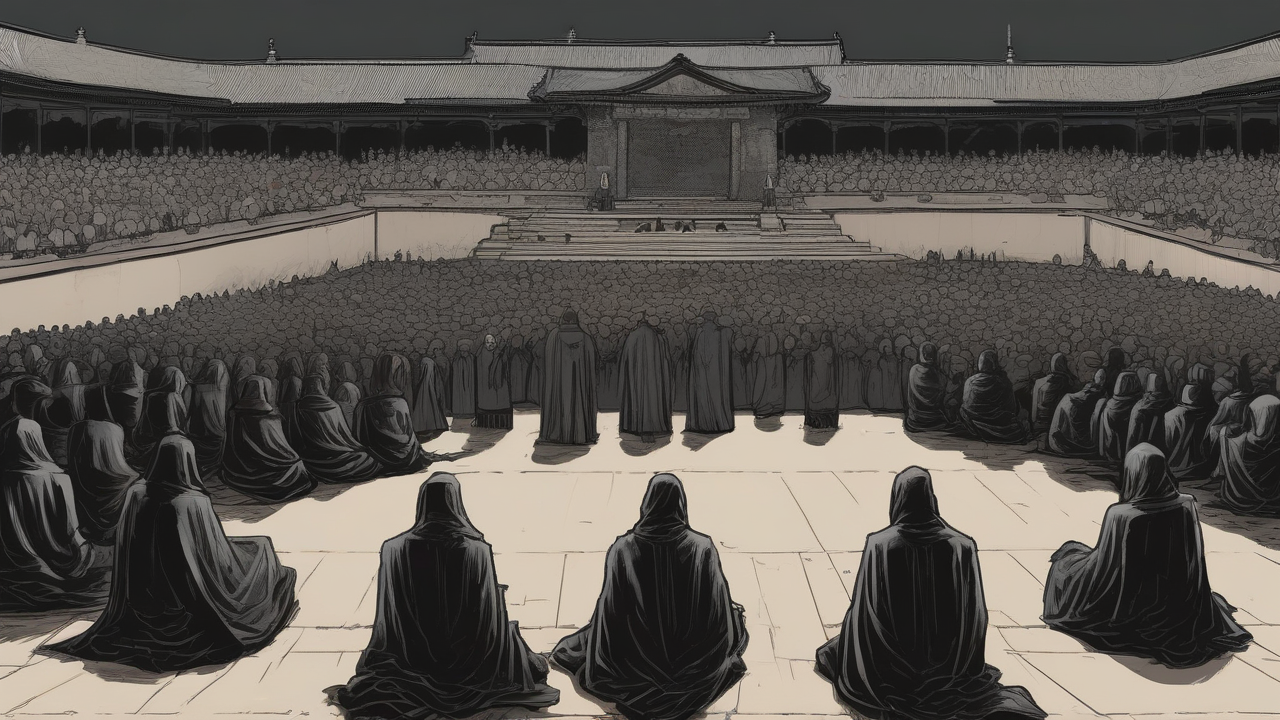 A vast mourning crowd in dark clothing facing a distant shrine, with one raised platform at the front holding a single empty chair as officials stand around it
