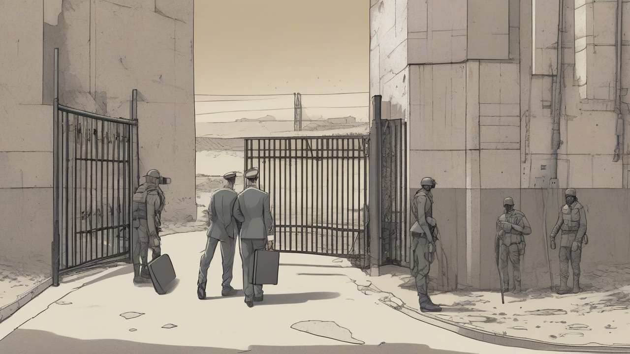 A closed checkpoint gate in a concrete barrier, two figures in suits with briefcases facing the gate, armed soldiers on the far side, a long dusty road behind them
