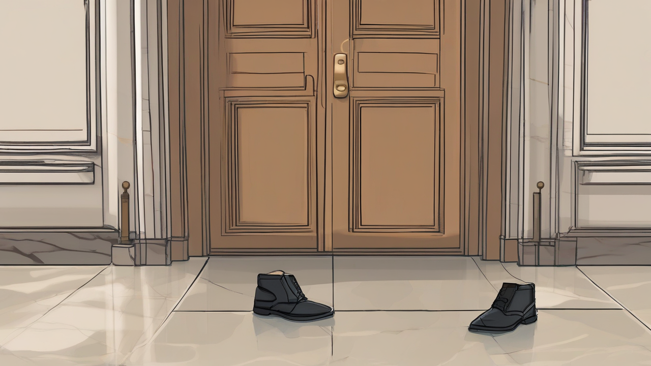 An empty ankle monitor lying on a marble courthouse floor beside a set of tall closed double doors, cold institutional light across the stone