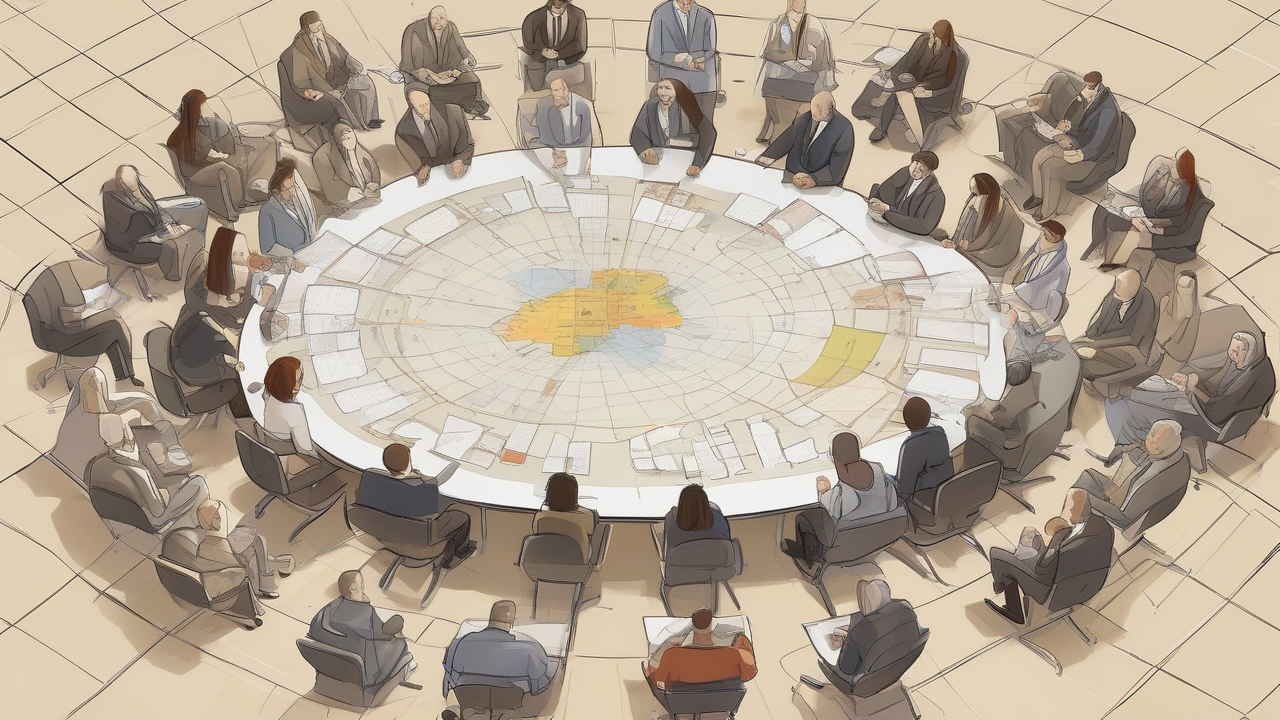 A conference table seen from above with numbered place cards, three groups leaning toward different wall maps, a shared central document marked with a large percentage