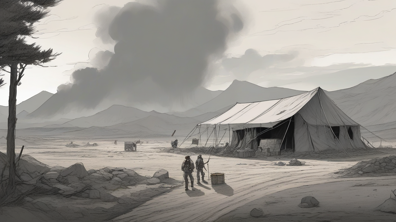 An aerial view of a sparse landscape with a dirt road, a small aid-station tent at a village edge, smoke rising from a collapsed structure, two small figures looking upward