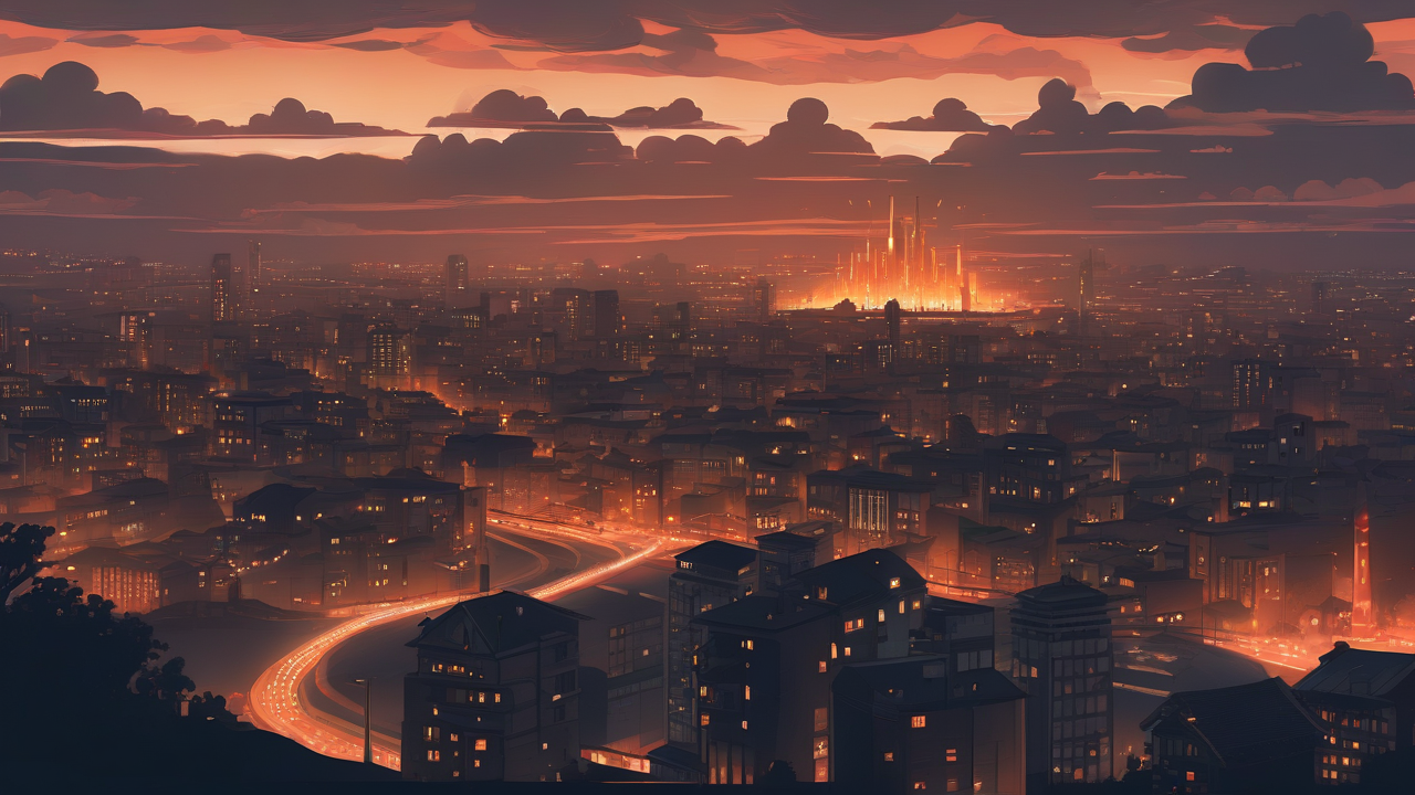 A city skyline at night lit by distant fires and searchlight beams, dozens of small drone silhouettes against dark clouds, empty streets below