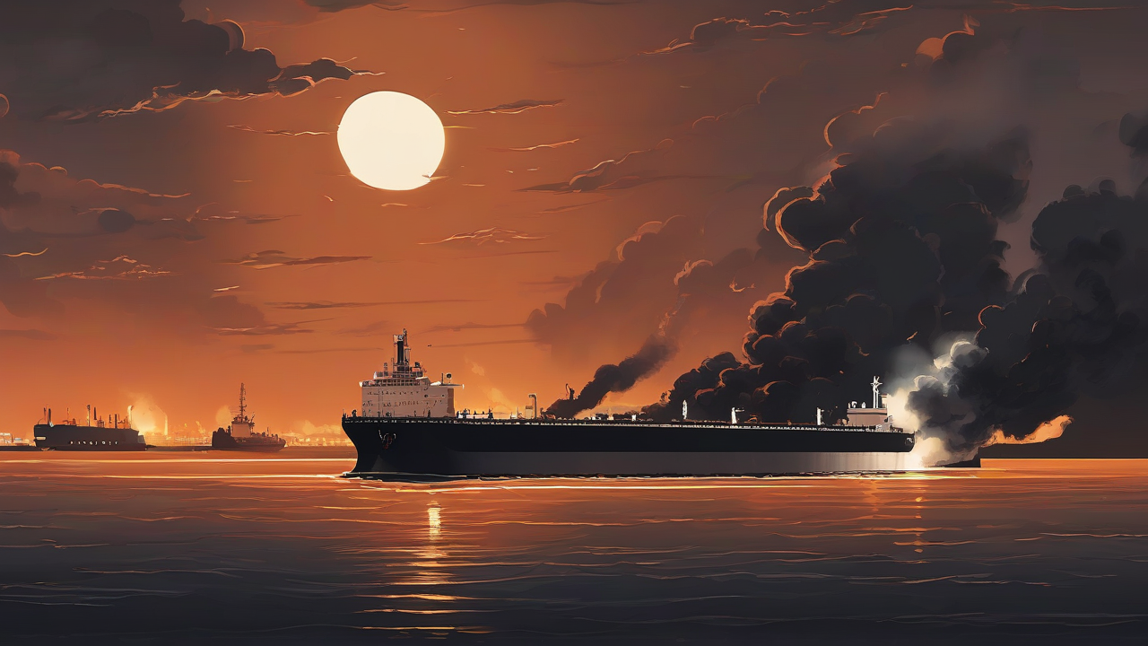 A large oil tanker burning on a dark sea in a narrow strait, orange fire and black smoke against a night sky, a distant missile trail on the horizon